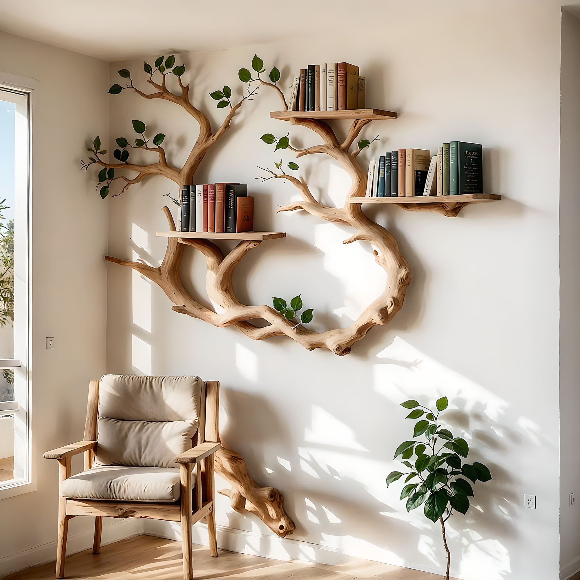 Wall Mounted Tree Shelf – Solid Wood Branch Design for Books & Plants 