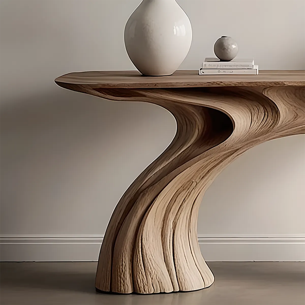 Wave Arch Oak Console Table – Minimal Sculptural Design - Rustira