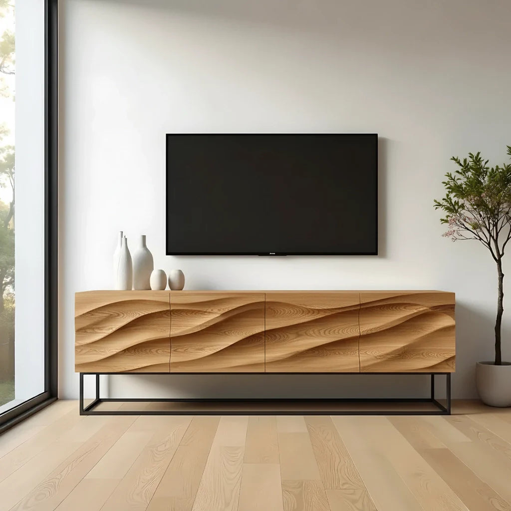 Wave-Carved Scandinavian Solid Wood TV Console – Natural Oak Finish - Rustira
