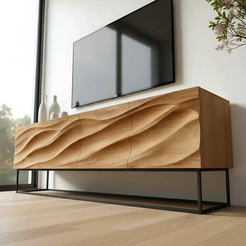 Wave-Carved Scandinavian Solid Wood TV Console – Natural Oak Finish - Rustira