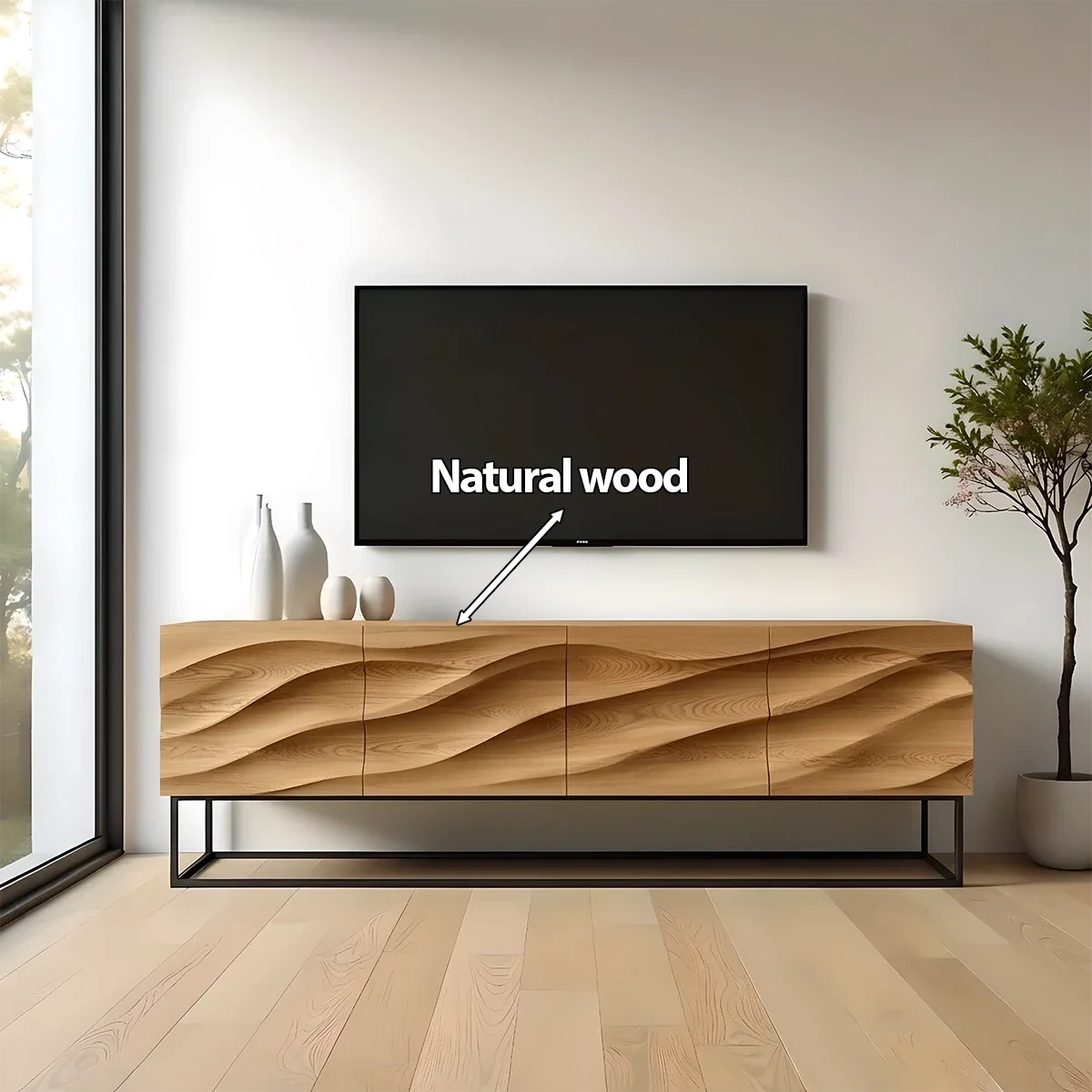 Wave-Carved Scandinavian Solid Wood TV Console – Natural Oak Finish - Rustira