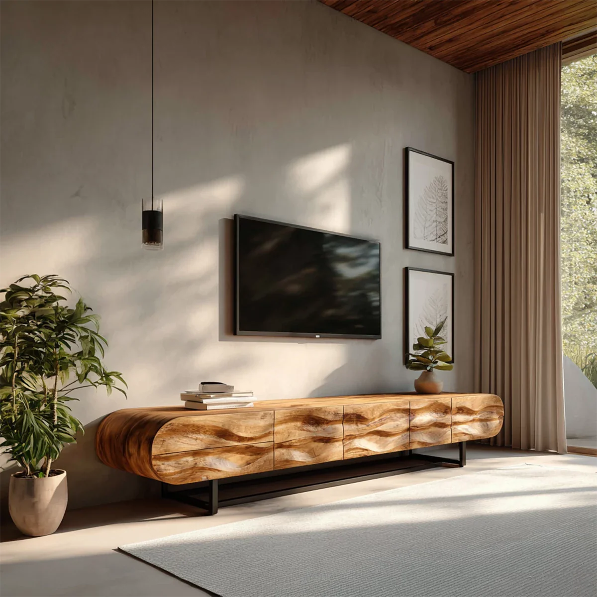 Wave-Carved Solid Wood TV Console – Organic Sculpted Media Sideboard - Rustira