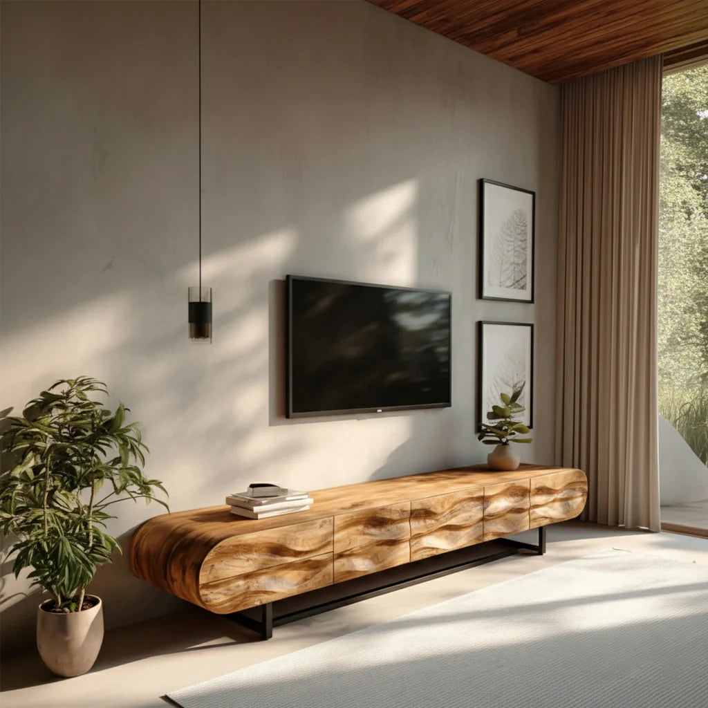 Wave-Carved Solid Wood TV Console – Organic Sculpted Media Sideboard - Rustira