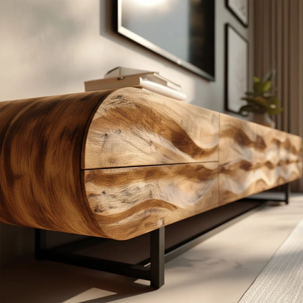 Wave-Carved Solid Wood TV Console – Organic Sculpted Media Sideboard - Rustira