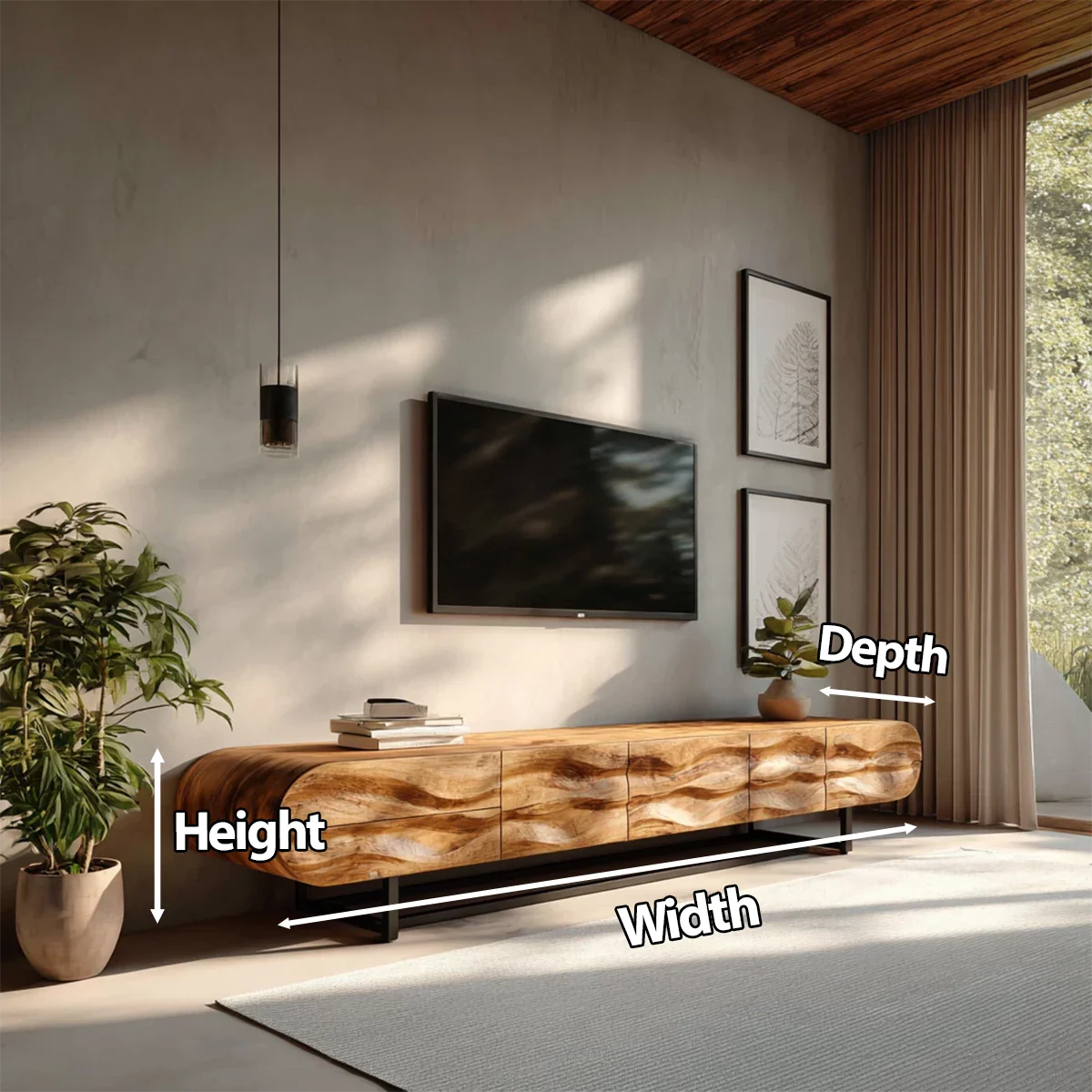 Wave-Carved Solid Wood TV Console – Organic Sculpted Media Sideboard - Rustira