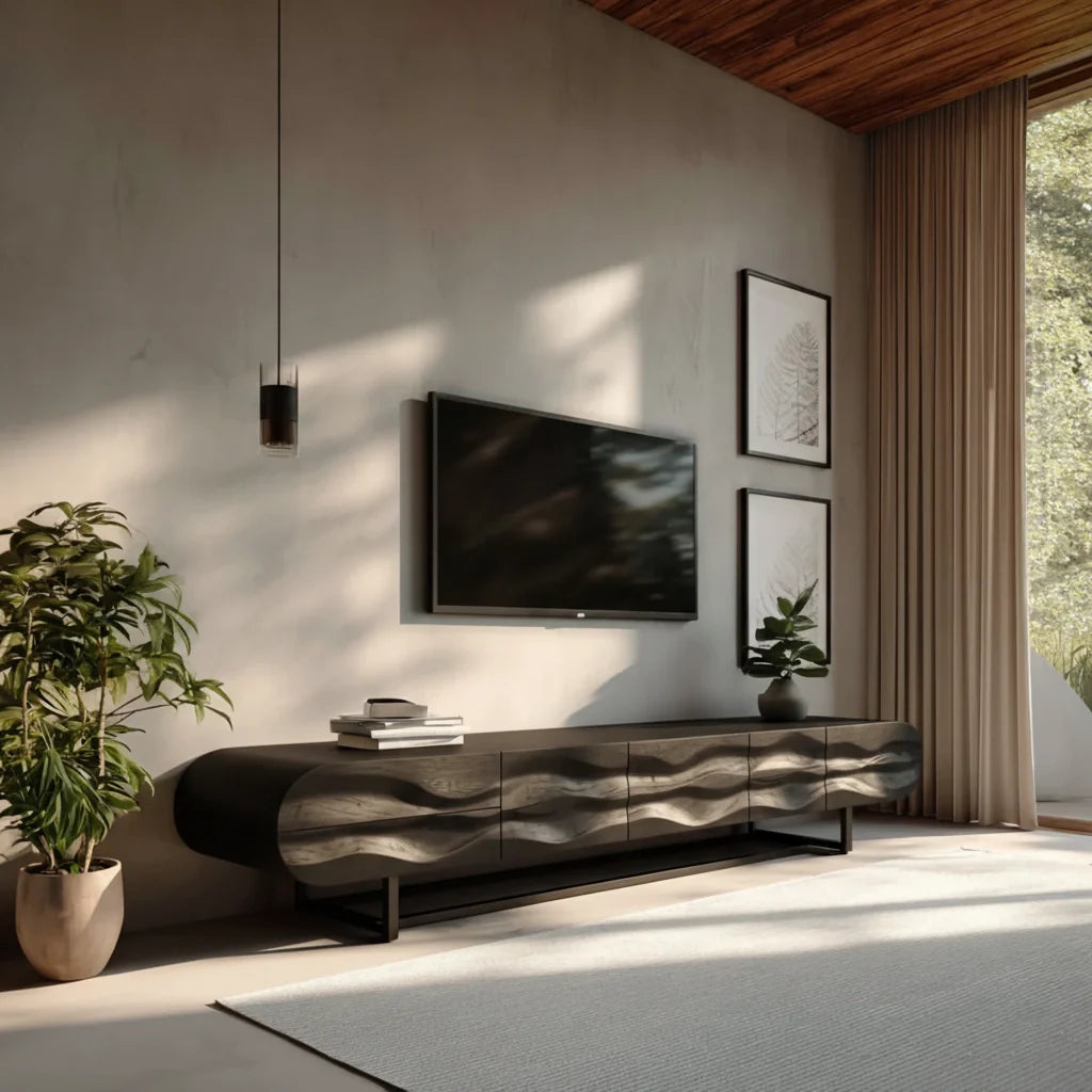 Wave-Carved Solid Wood TV Console – Organic Sculpted Media Sideboard - Rustira