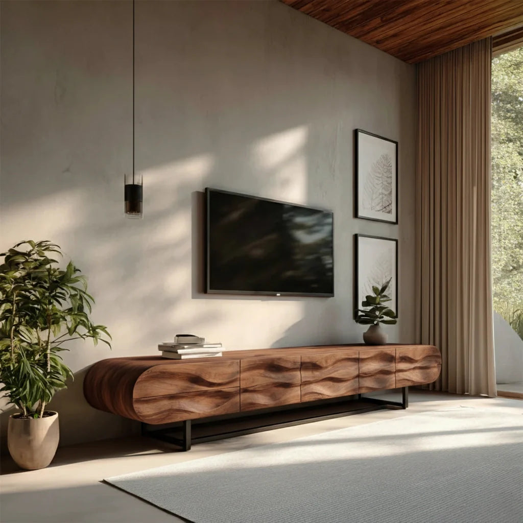 Wave-Carved Solid Wood TV Console – Organic Sculpted Media Sideboard - Rustira