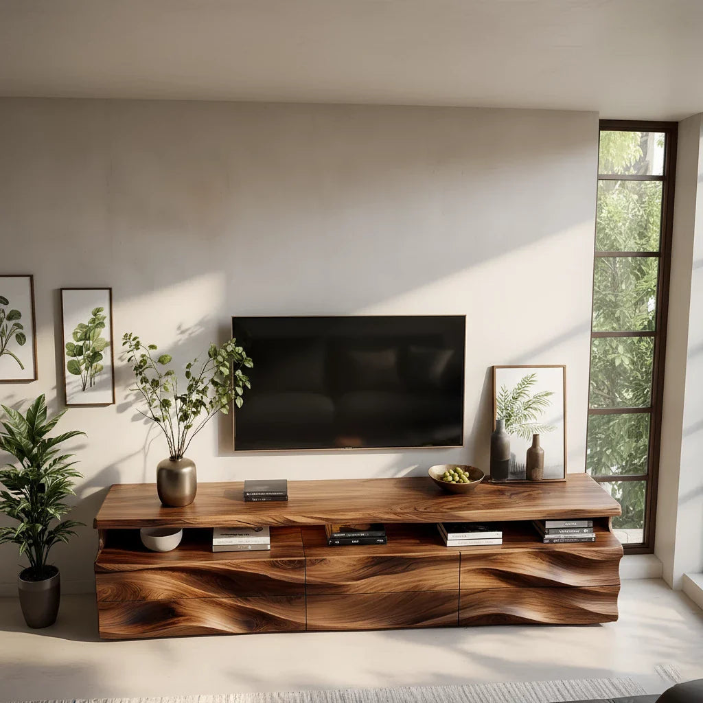 Wave-Carved Solid Wood TV Stand - Luxury Organic Media Console - Rustira