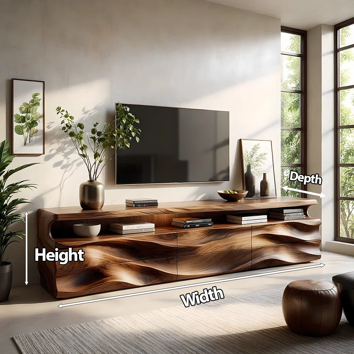 Wave-Carved Solid Wood TV Stand - Luxury Organic Media Console - Rustira