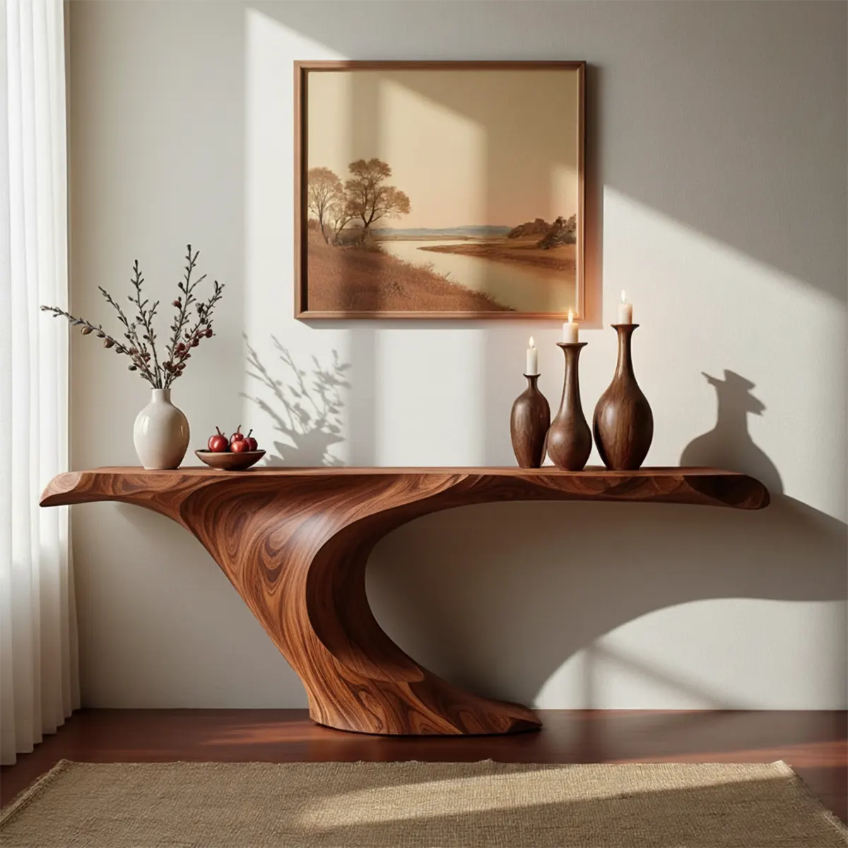 Wave Curve Walnut Console Table – Organic Sculptural Form - Rustira
