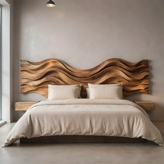Wave Sculpture Solid Wood Headboard – Grand Flow Design - Rustirawood
