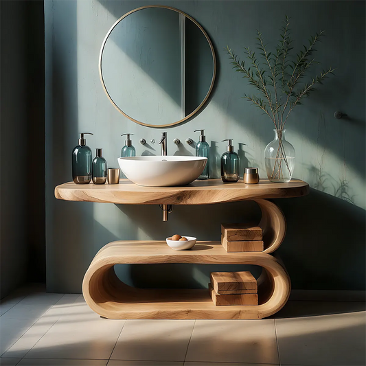WaveArc Vanity – Solid Wood Bathroom with Zen Curves - Rustira