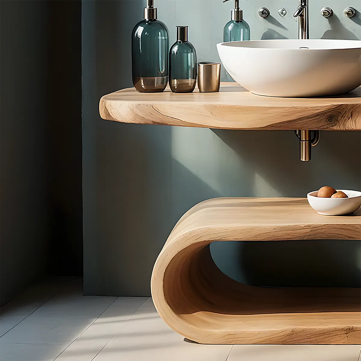 WaveArc Vanity – Solid Wood Bathroom with Zen Curves - Rustira