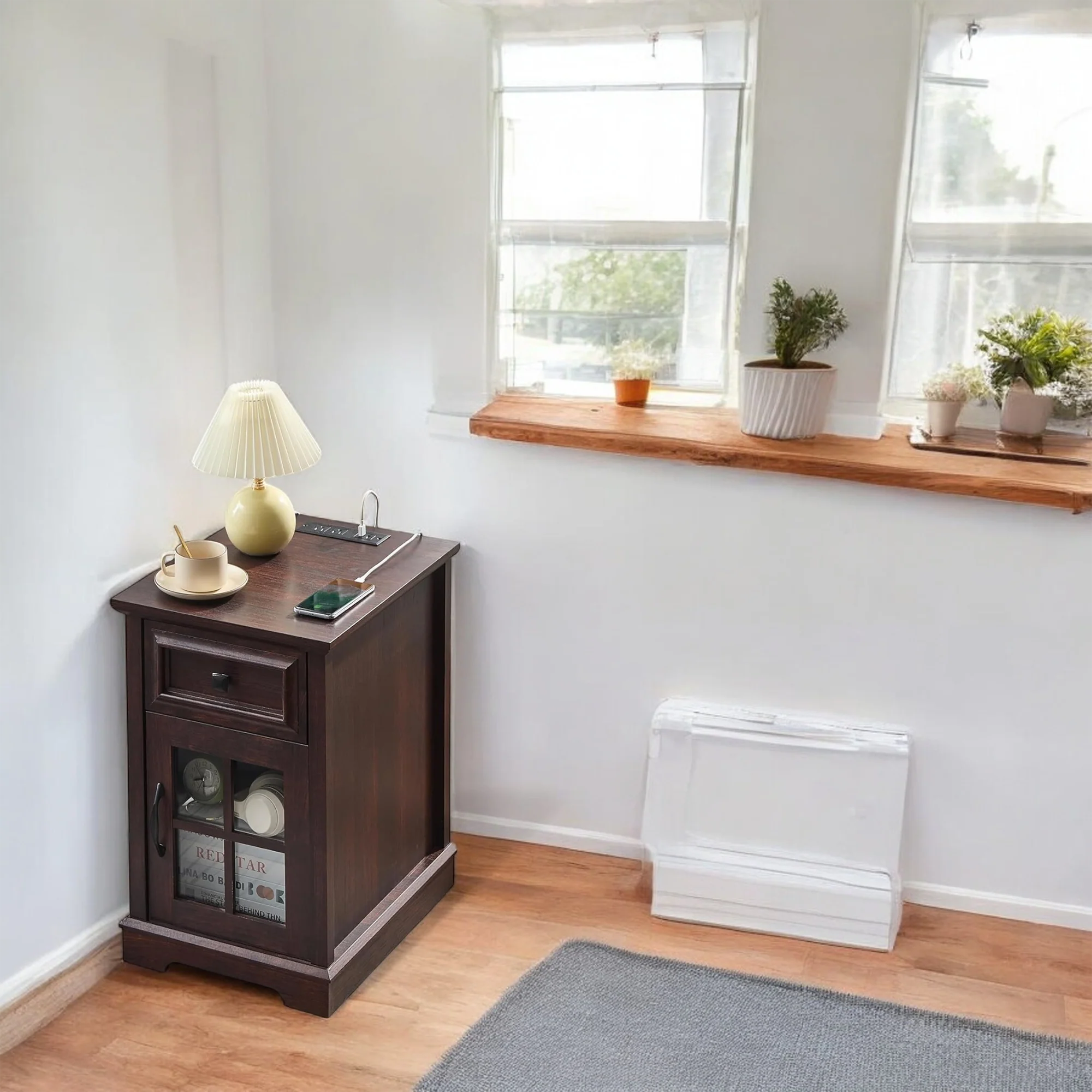 Wood End Table with Drawer, Glass Cabinet & USB Charging Ports 