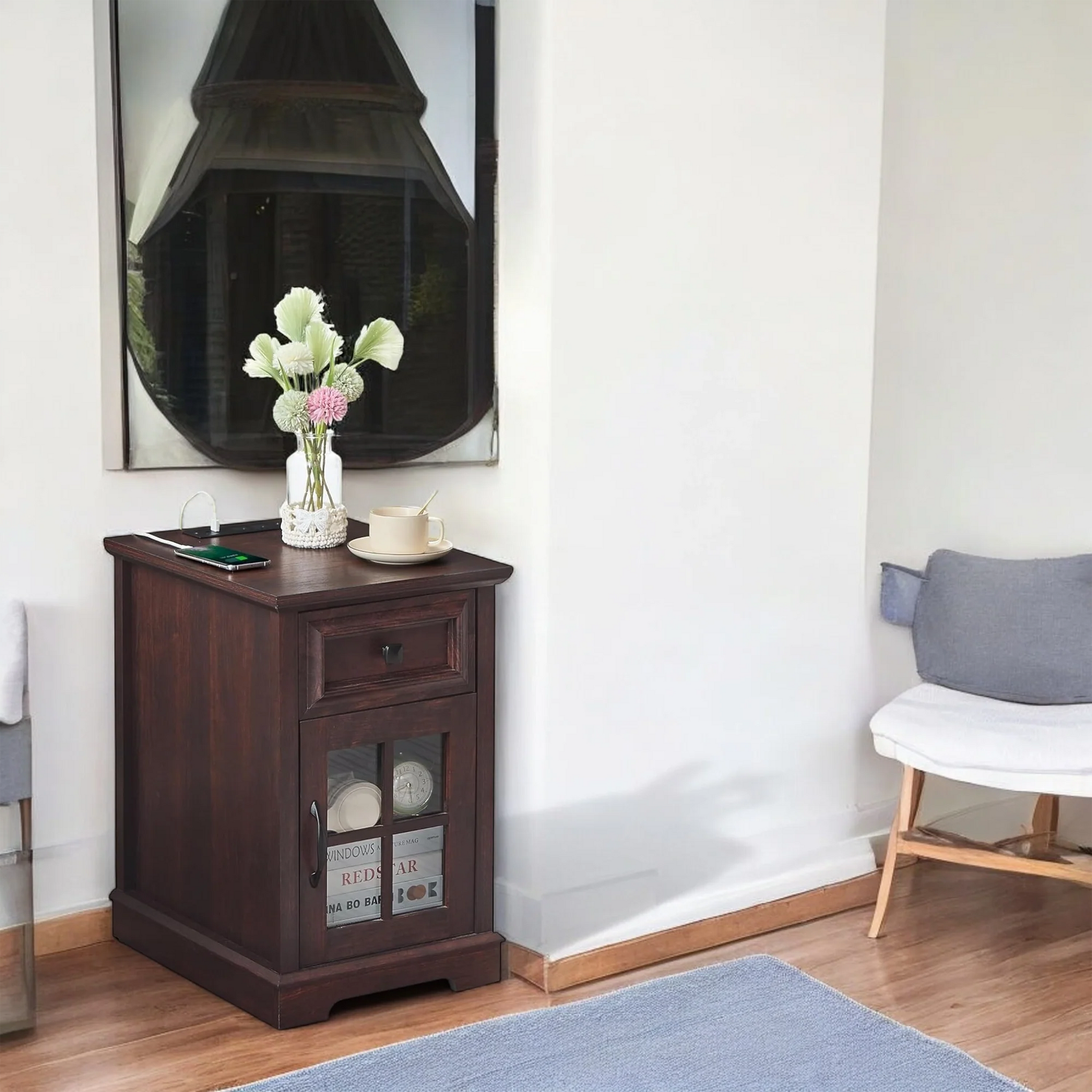 Wood End Table with Drawer, Glass Cabinet & USB Charging Ports 