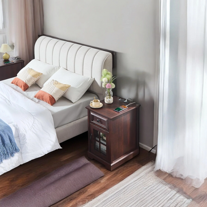 Wood End Table with Drawer, Glass Cabinet & USB Charging Ports 
