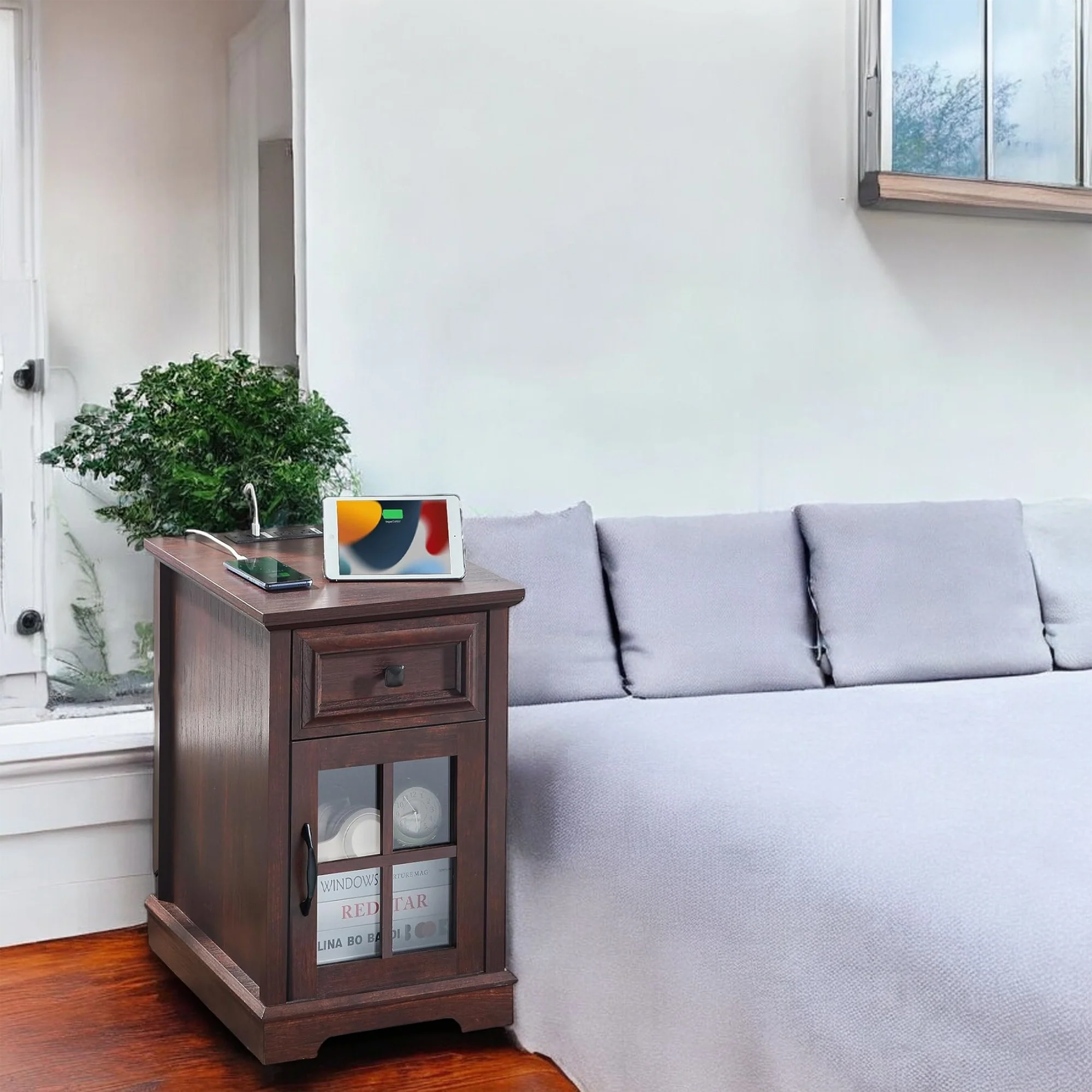 Wood End Table with Drawer, Glass Cabinet & USB Charging Ports 