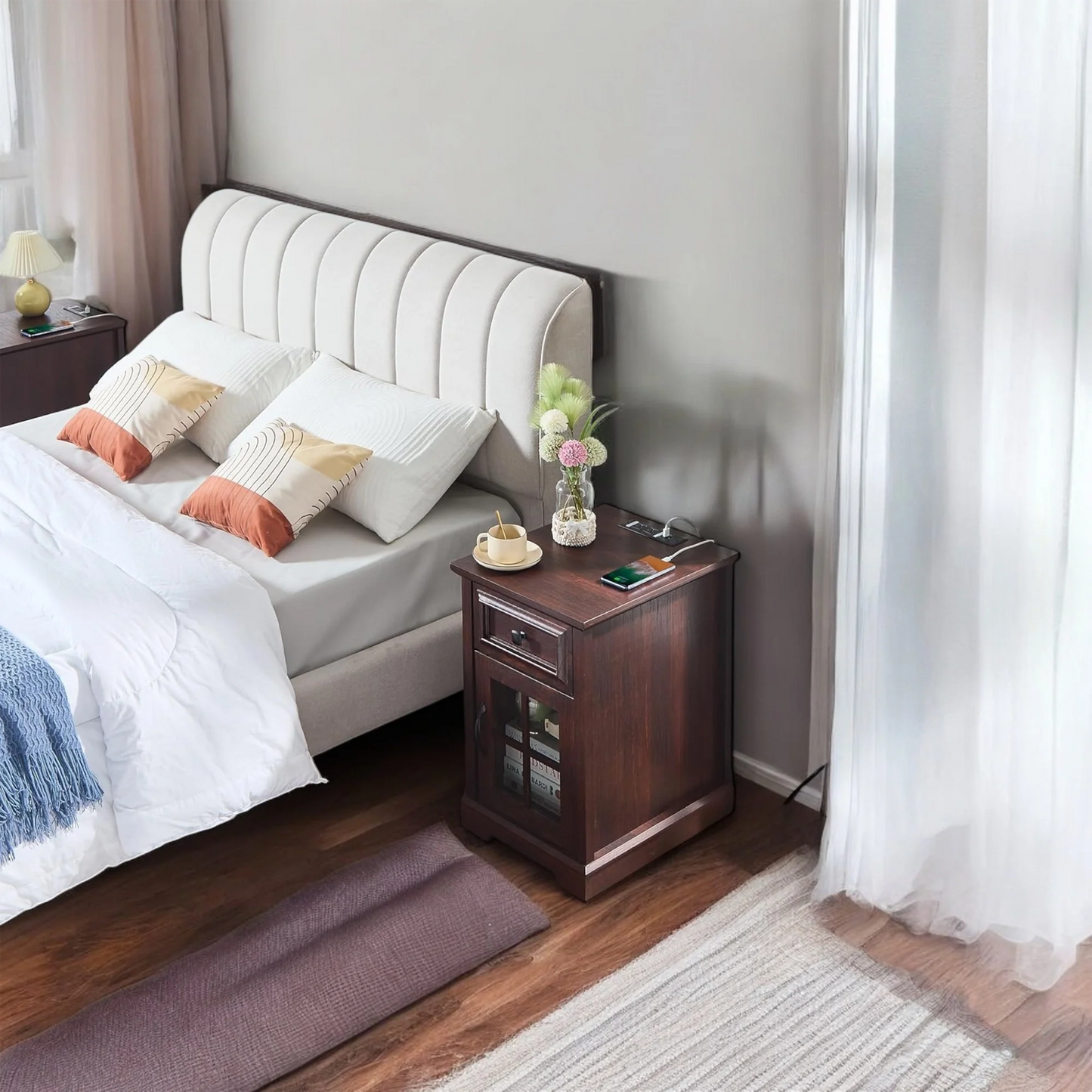 Wood End Table with Drawer, Glass Cabinet & USB Charging Ports 