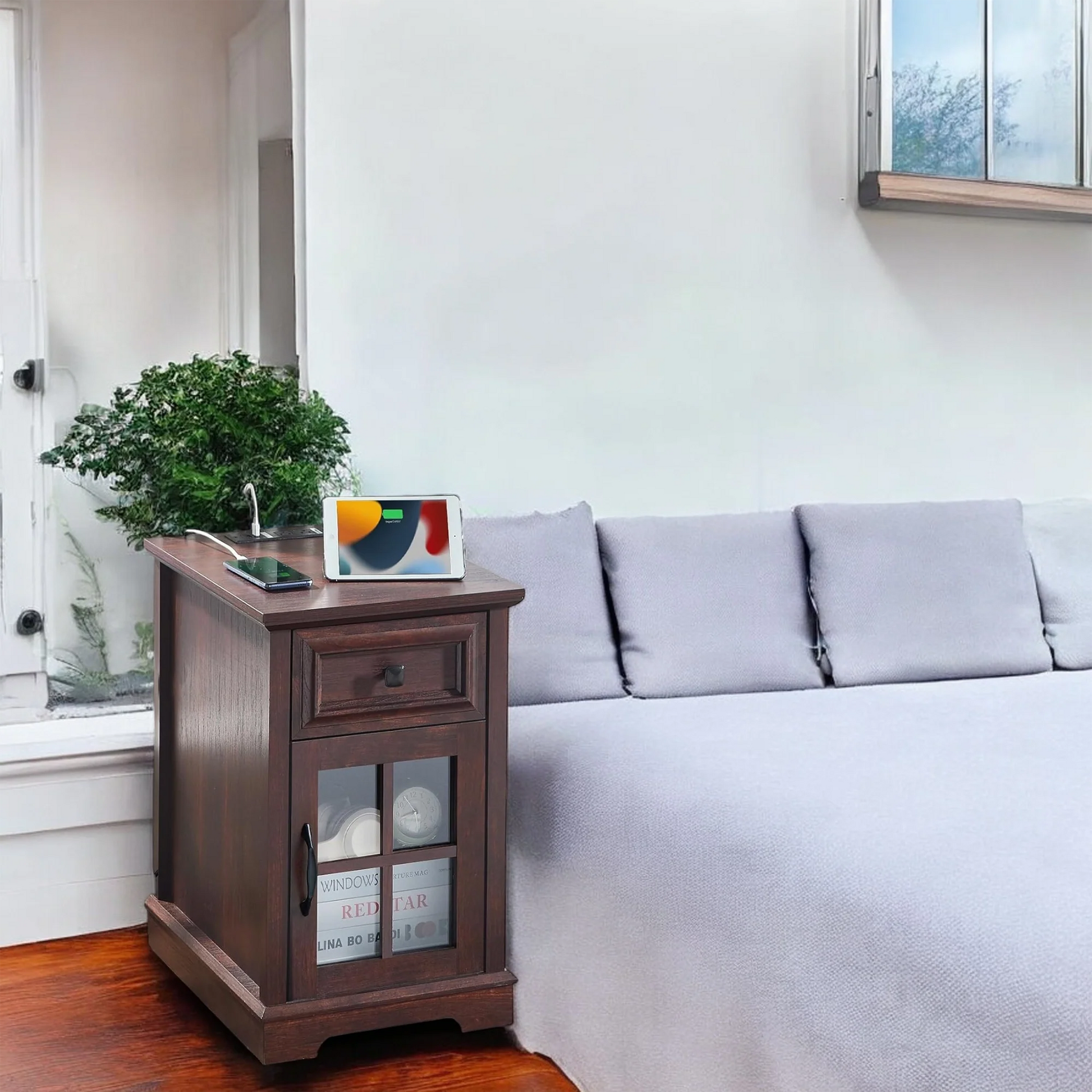 Wood End Table with Drawer, Glass Cabinet & USB Charging Ports 