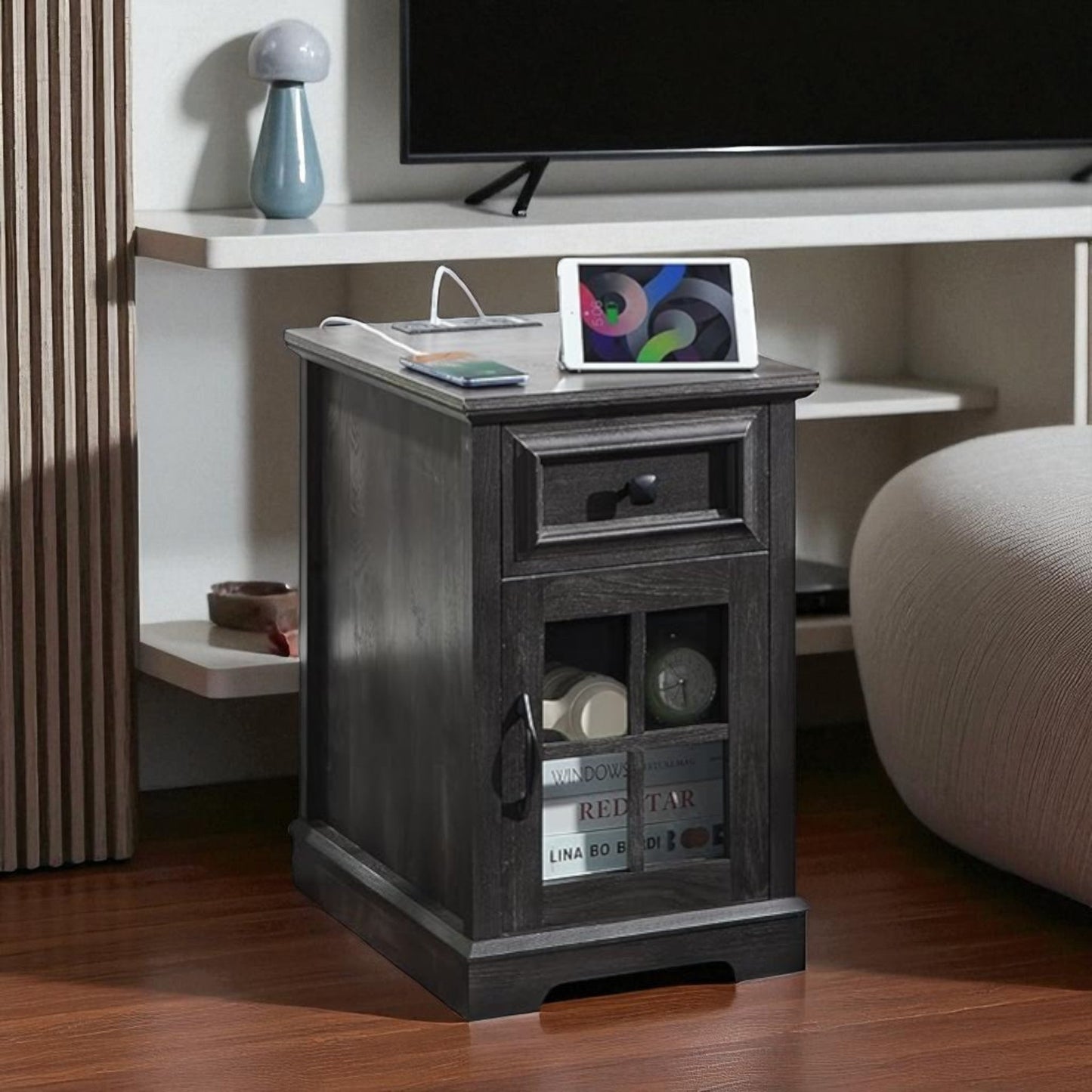 Wood End Table with Drawer, Glass Cabinet & USB Charging Ports 