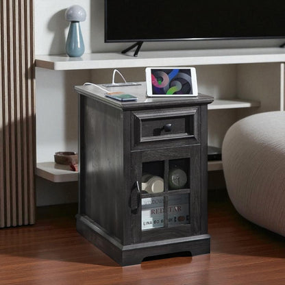 Wood End Table with Drawer, Glass Cabinet & USB Charging Ports 