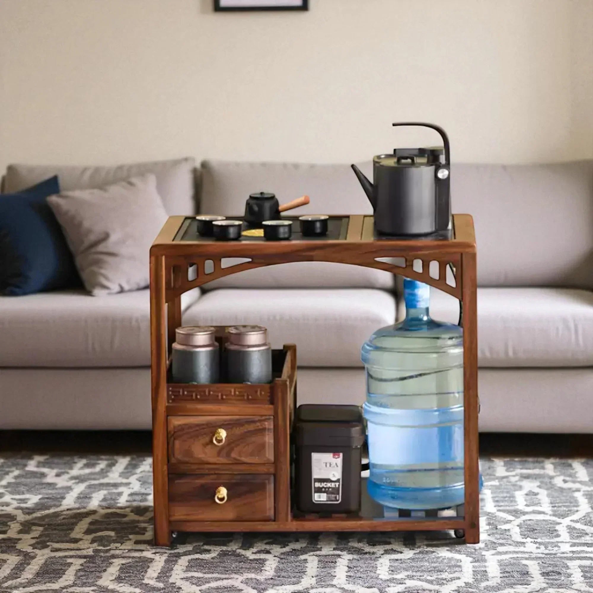 Wooden Tea Cabinet with Open Frame – Compact Brewing Table - Rustira