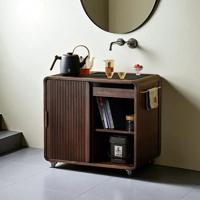 Wooden Tea Cabinet with Wheels – Compact Storage Design - Rustira
