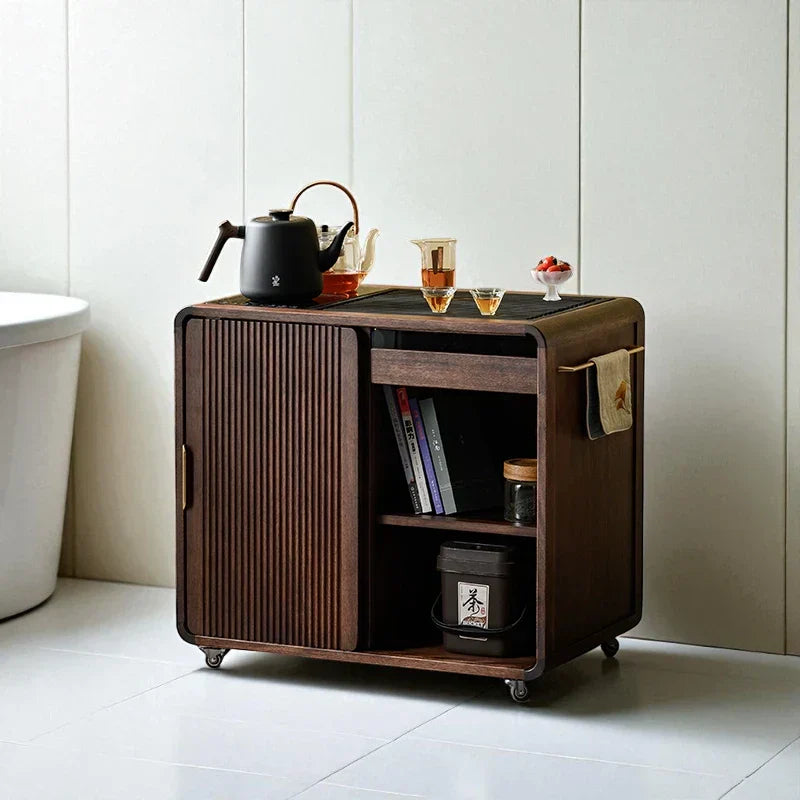 Wooden Tea Cabinet with Wheels – Compact Storage Design - Rustira