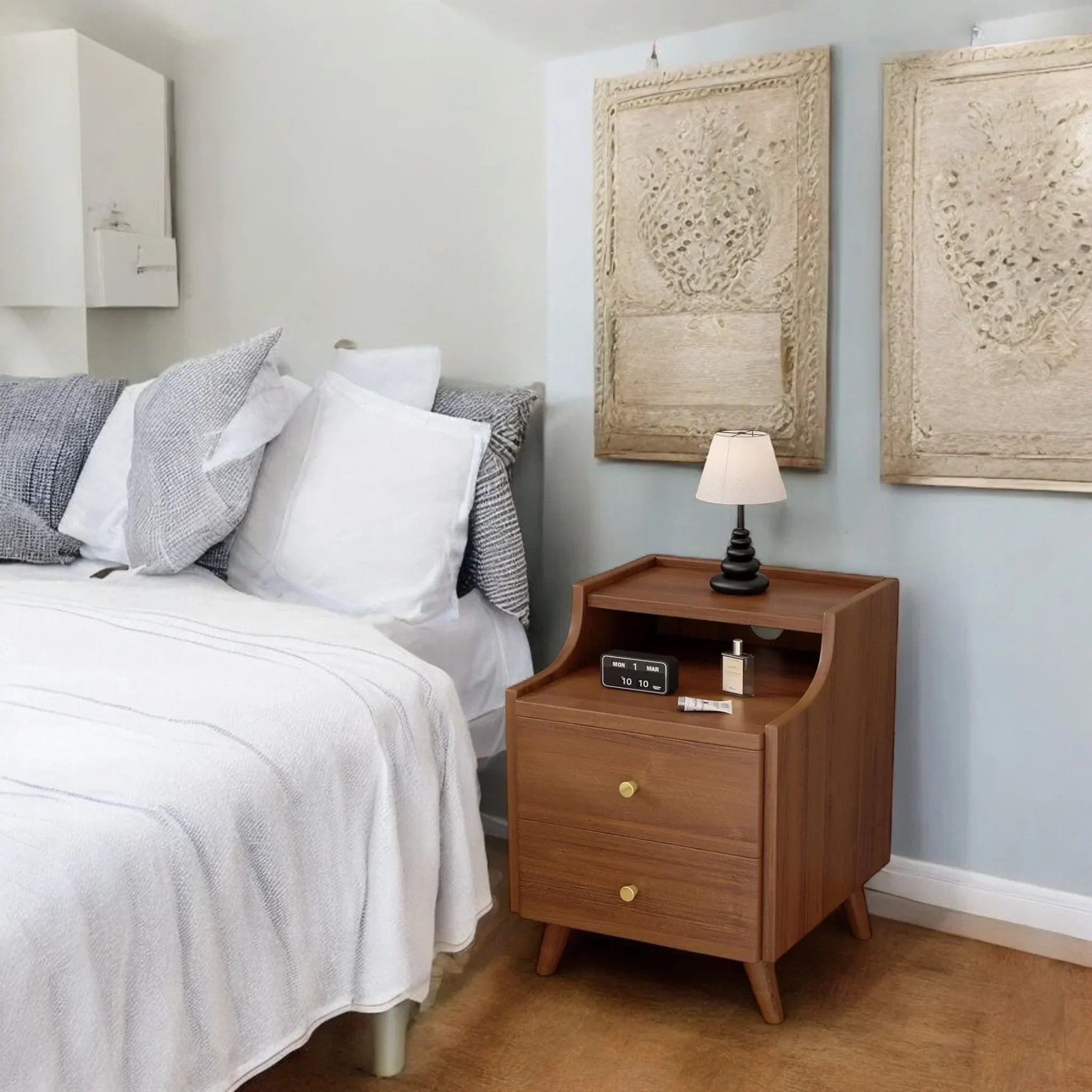Wooden bedside table with 2 drawers and open storage shelves 