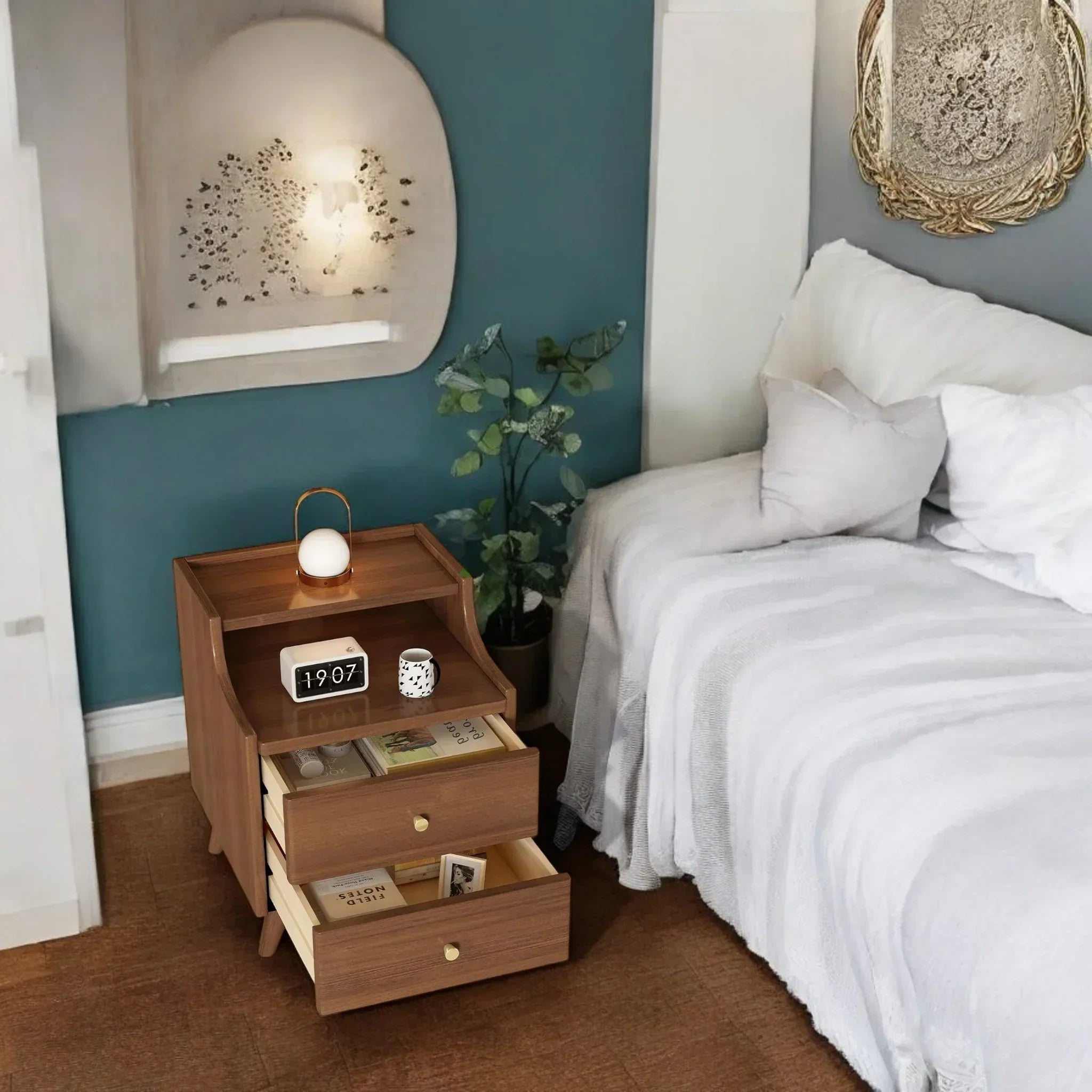 Wooden bedside table with 2 drawers and open storage shelves 