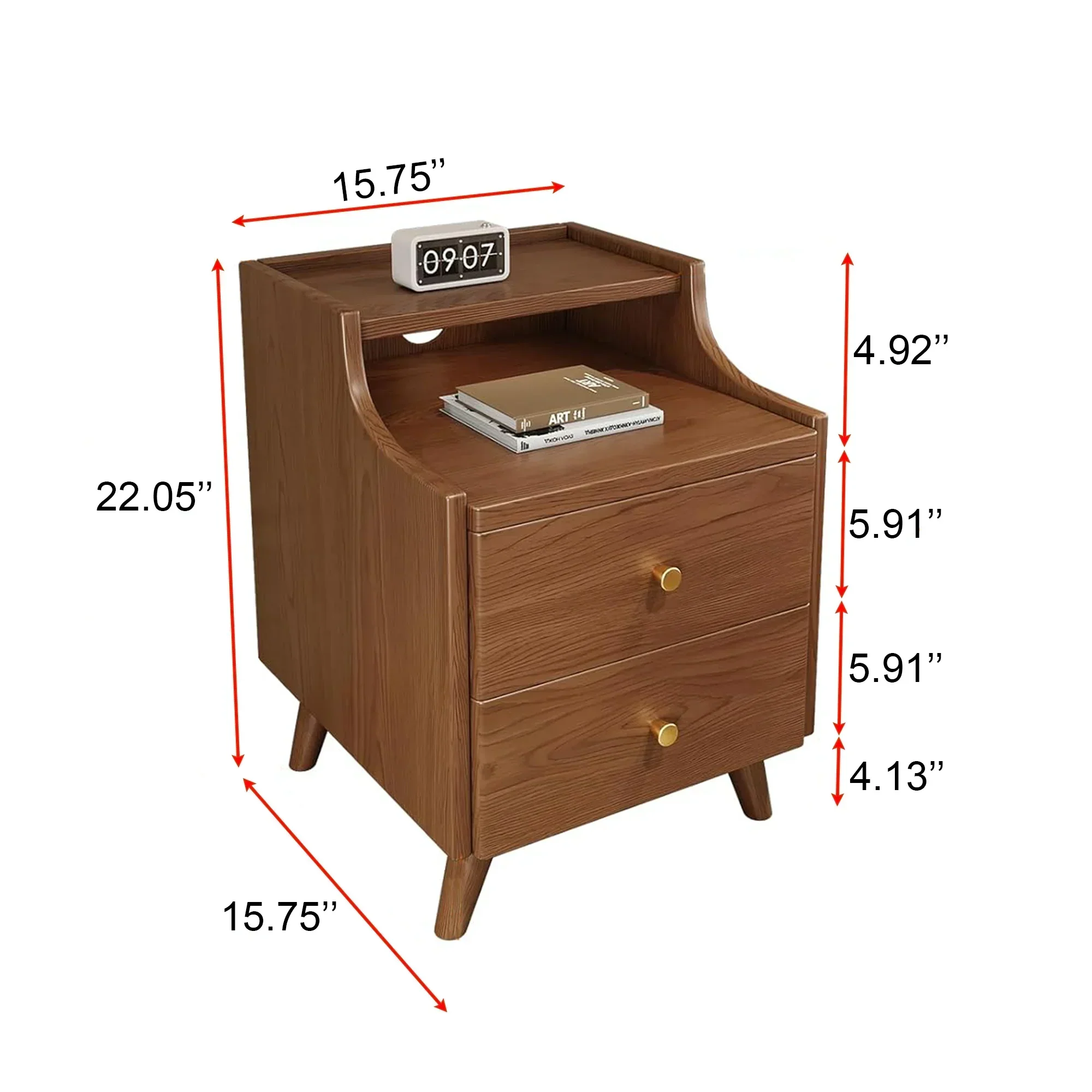 Wooden bedside table with 2 drawers and open storage shelves 