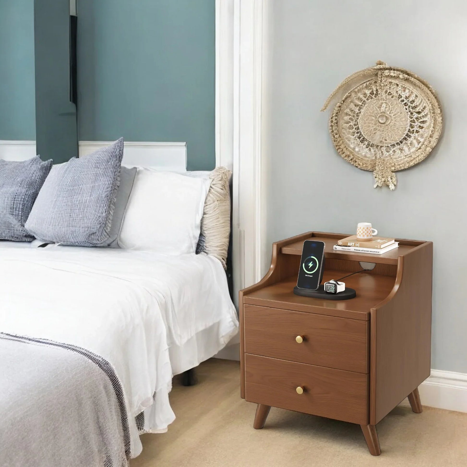 Wooden bedside table with 2 drawers and open storage shelves 