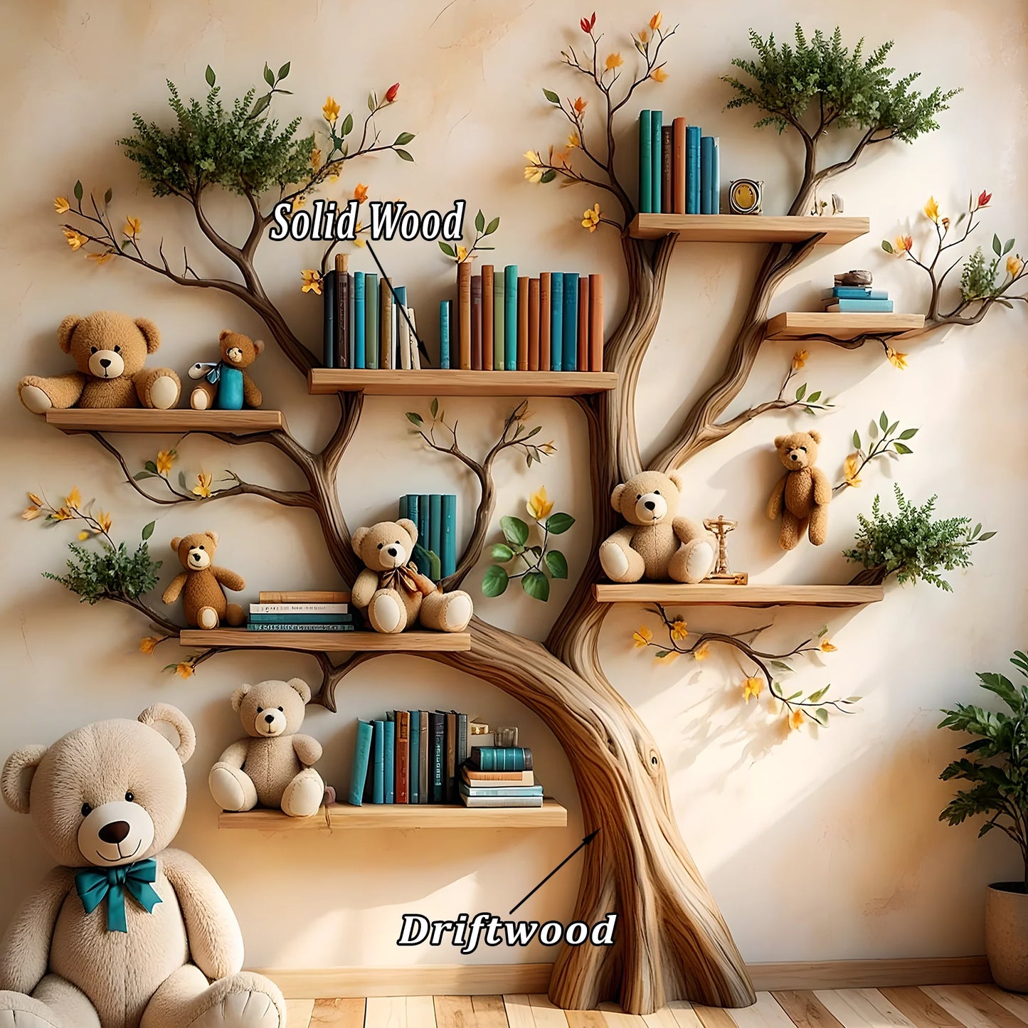 Wooden bookshelf designed in the shape of a tree - Create a joyful study space for children 