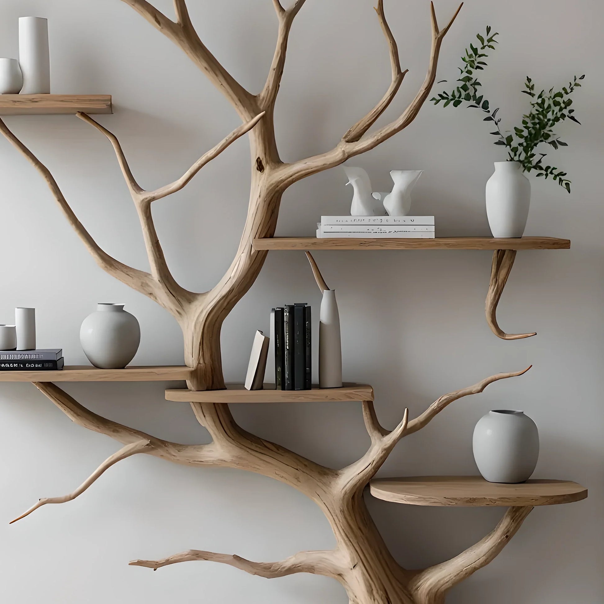 Wooden shelves to decorate the living room. Tree-shaped bookshelf, children's bookshelf 