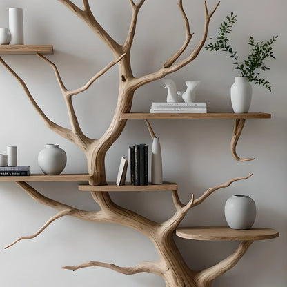 Wooden shelves to decorate the living room. Tree-shaped bookshelf, children's bookshelf 