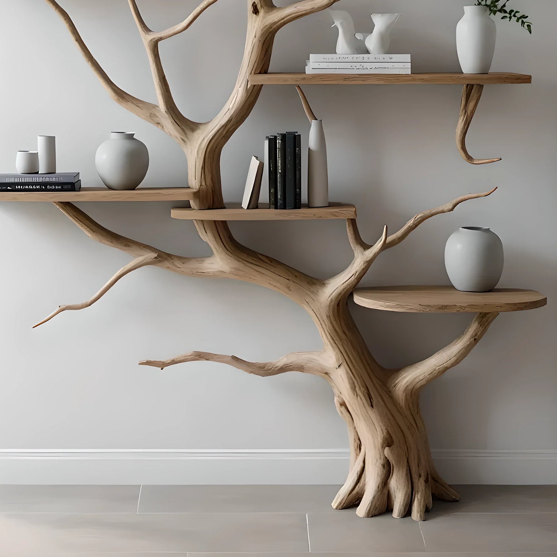 Wooden shelves to decorate the living room. Tree-shaped bookshelf, children's bookshelf 
