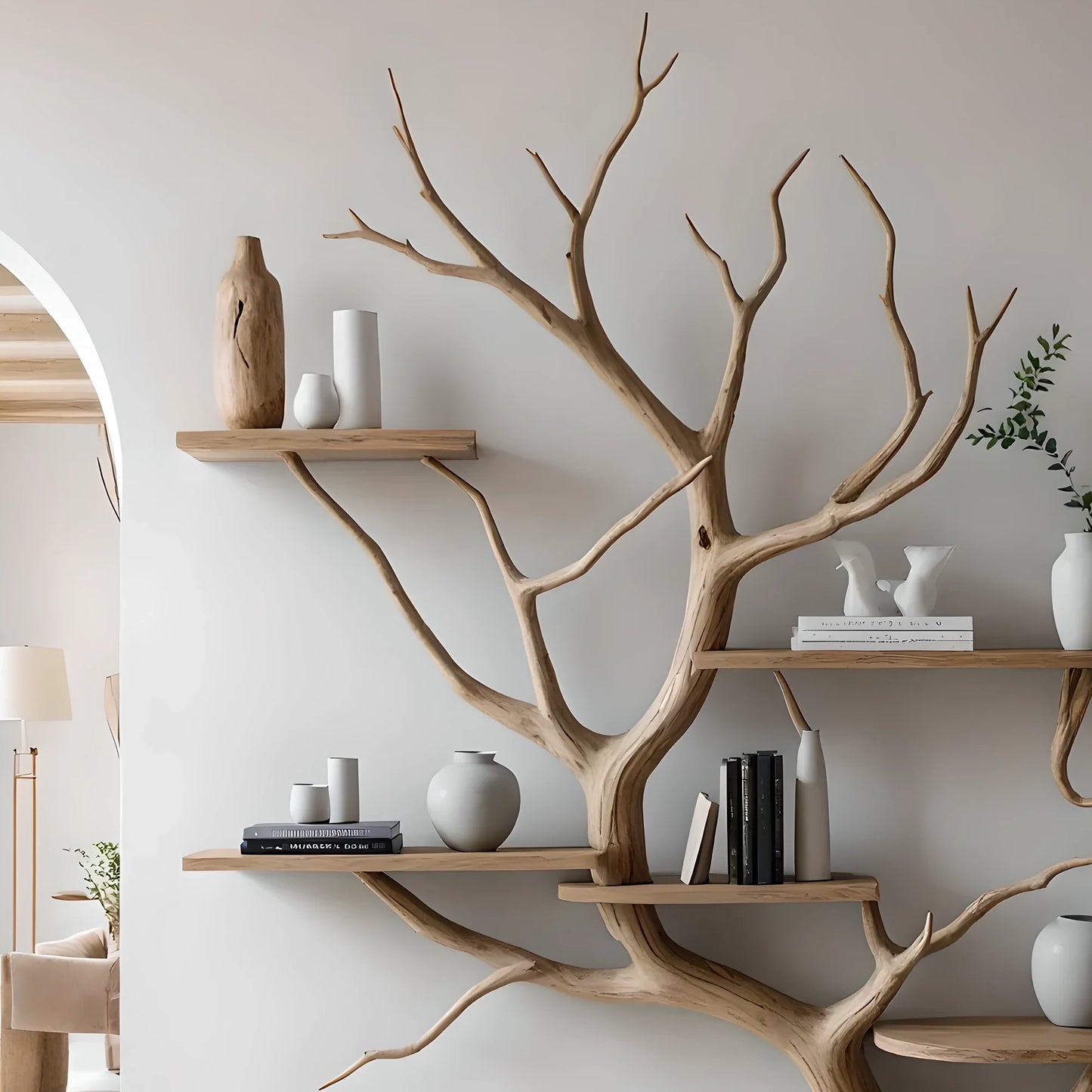 Wooden shelves to decorate the living room. Tree-shaped bookshelf, children's bookshelf 
