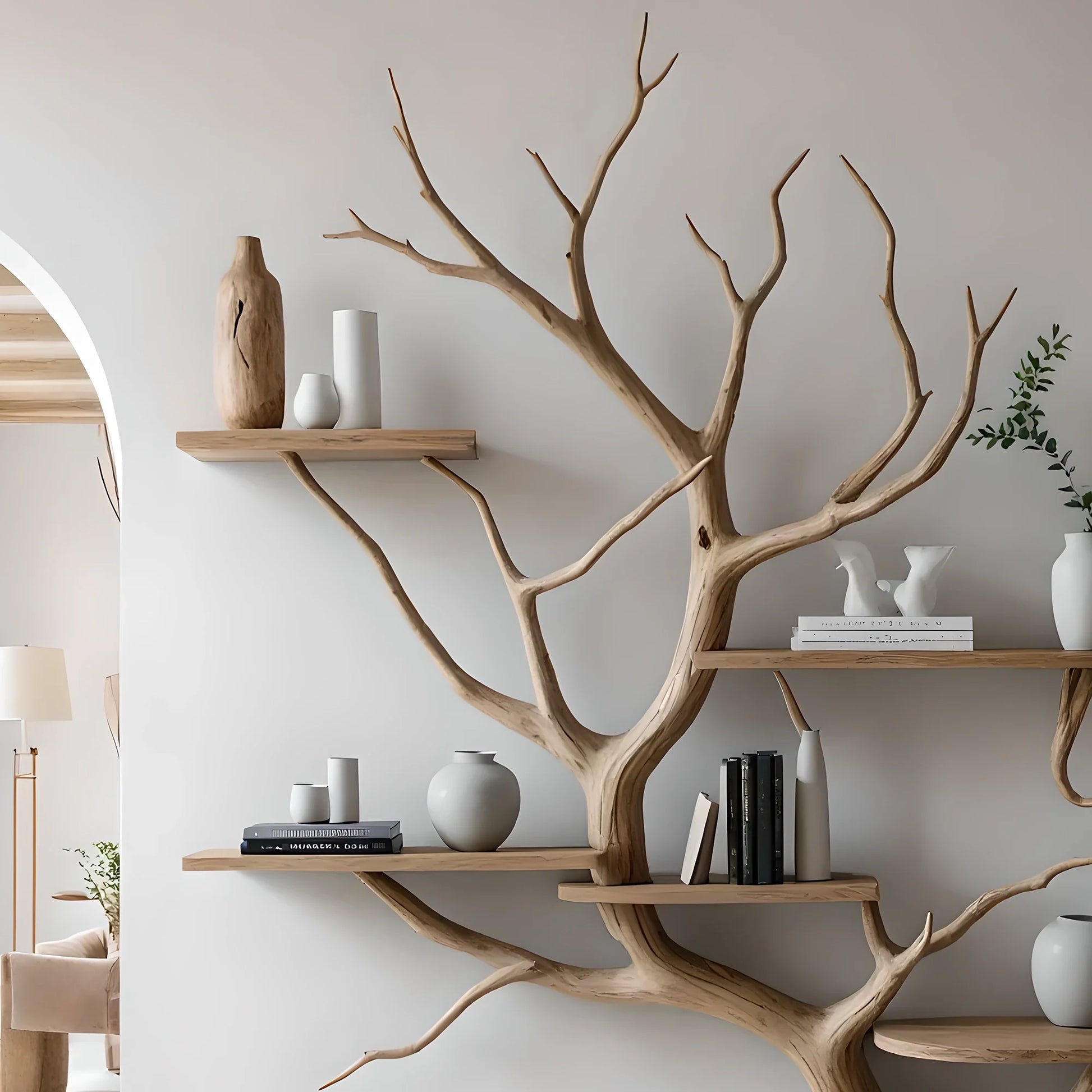 Wooden shelves to decorate the living room. Tree-shaped bookshelf, children's bookshelf 