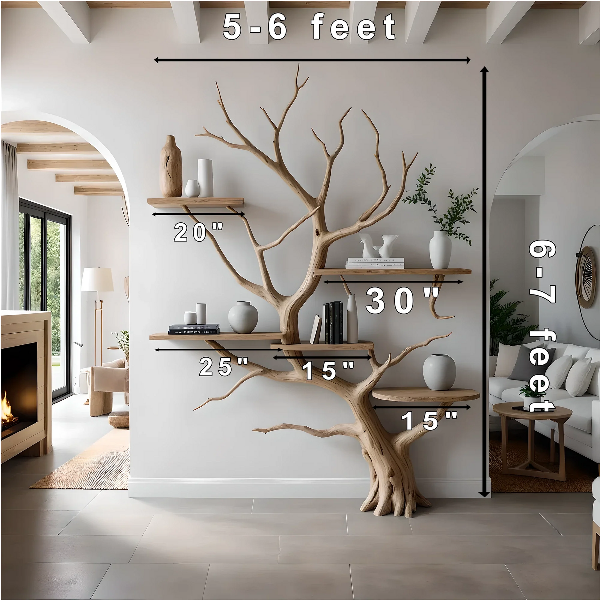 Wooden shelves to decorate the living room. Tree-shaped bookshelf, children's bookshelf 