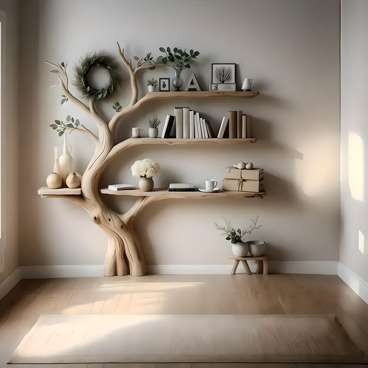 Wooden wall decoration shelves, artistic tree branch images 