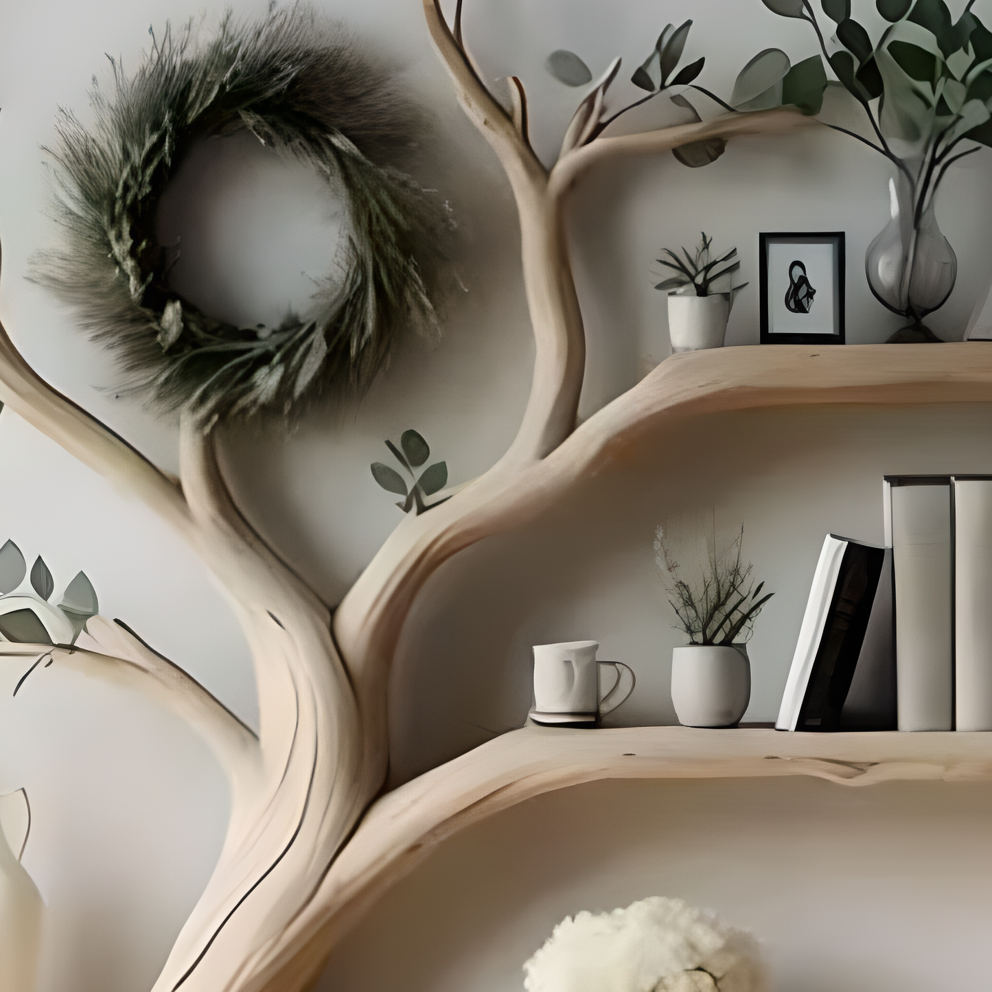 Wooden wall decoration shelves, artistic tree branch images 
