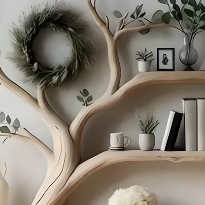 Wooden wall decoration shelves, artistic tree branch images 