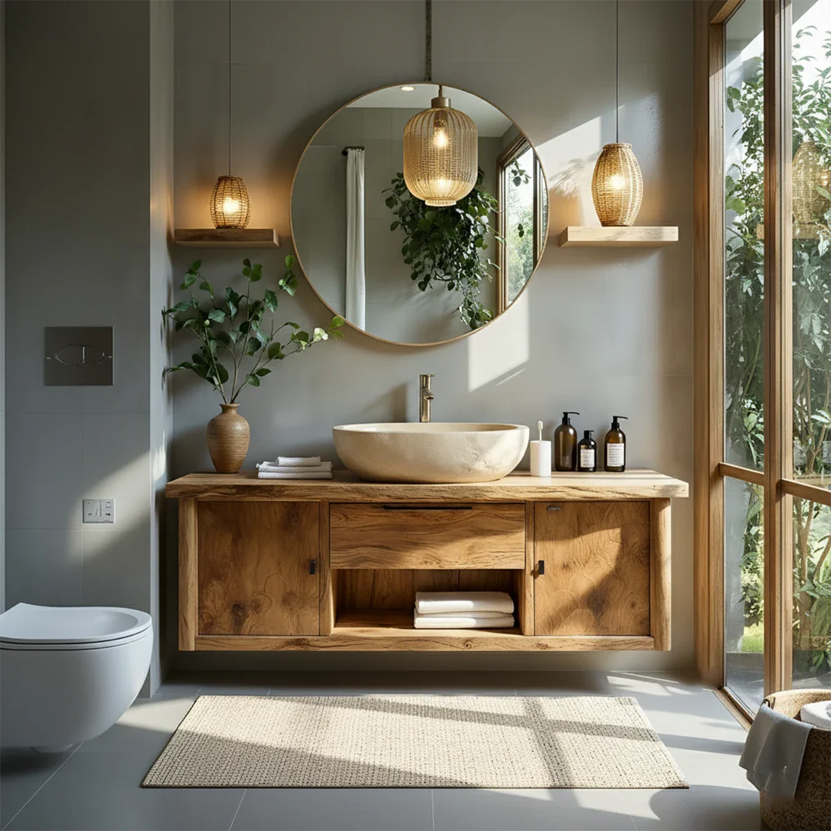 Zenwood Bathroom Vanity – Natural Solid Wood Japandi Cabinet - Rustira