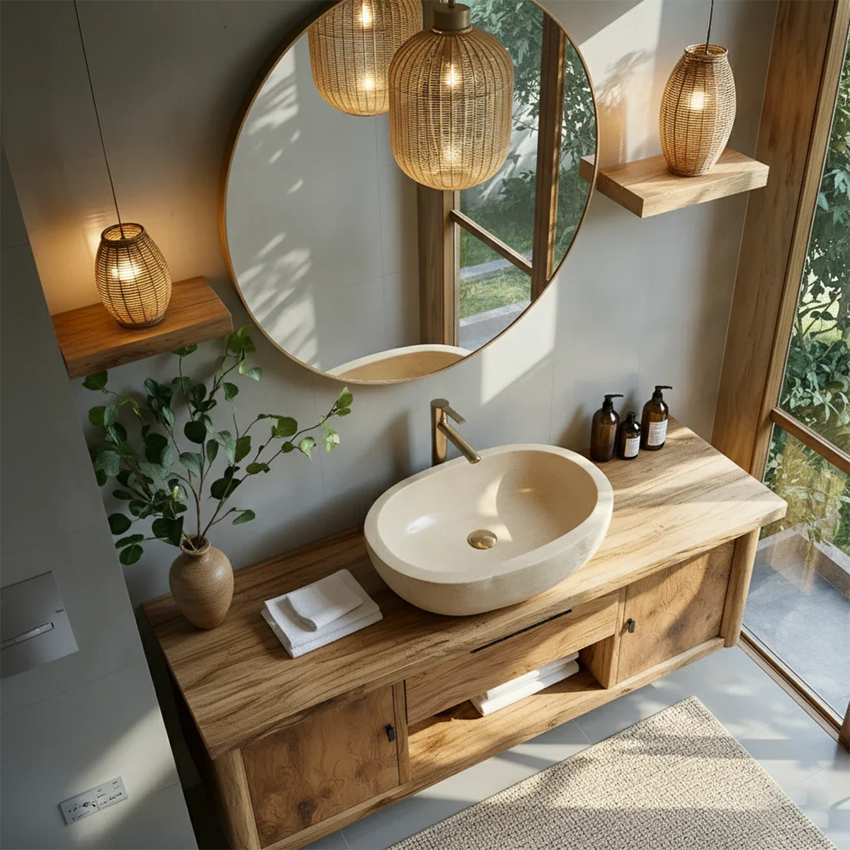 Zenwood Bathroom Vanity – Natural Solid Wood Japandi Cabinet - Rustira