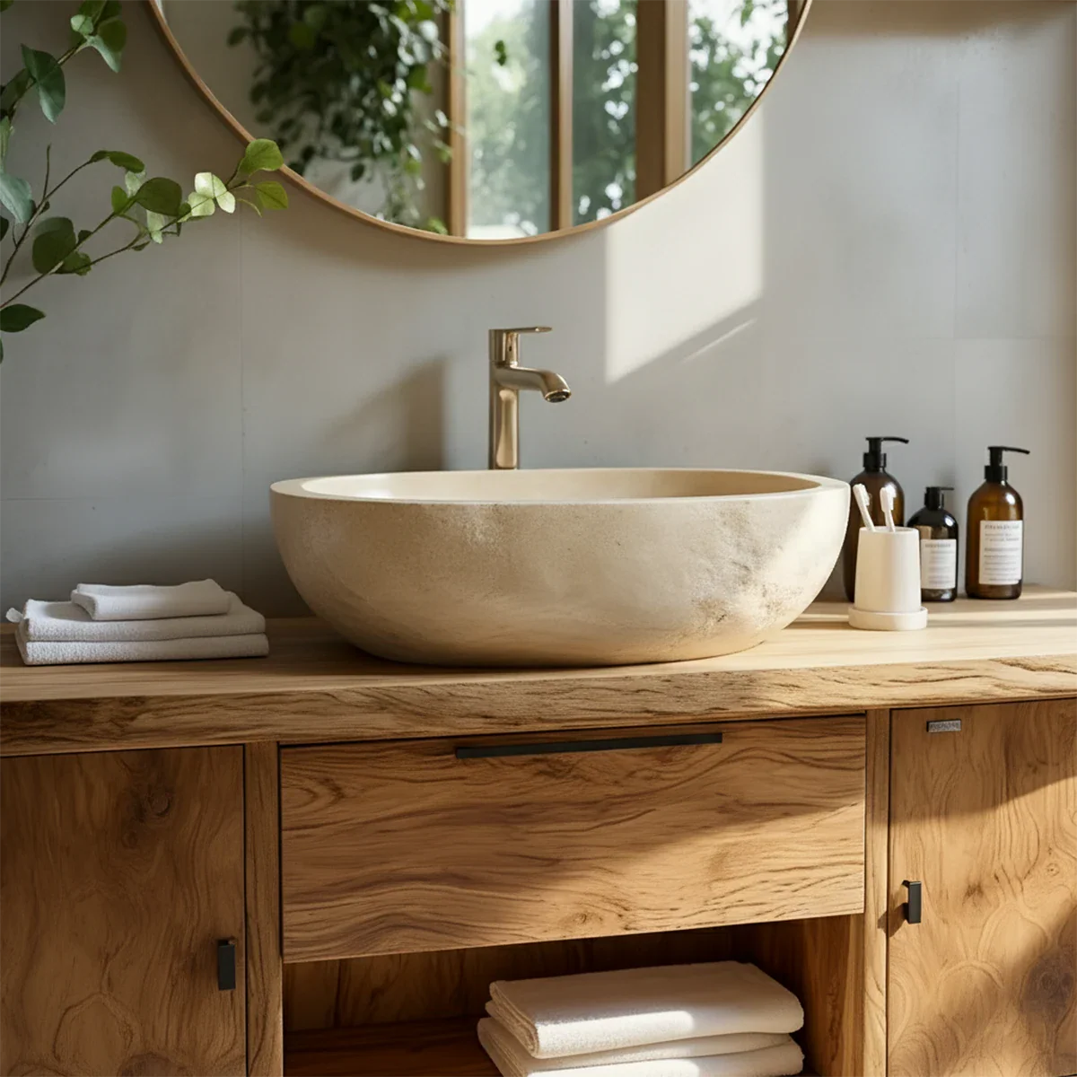 Zenwood Bathroom Vanity – Natural Solid Wood Japandi Cabinet - Rustira