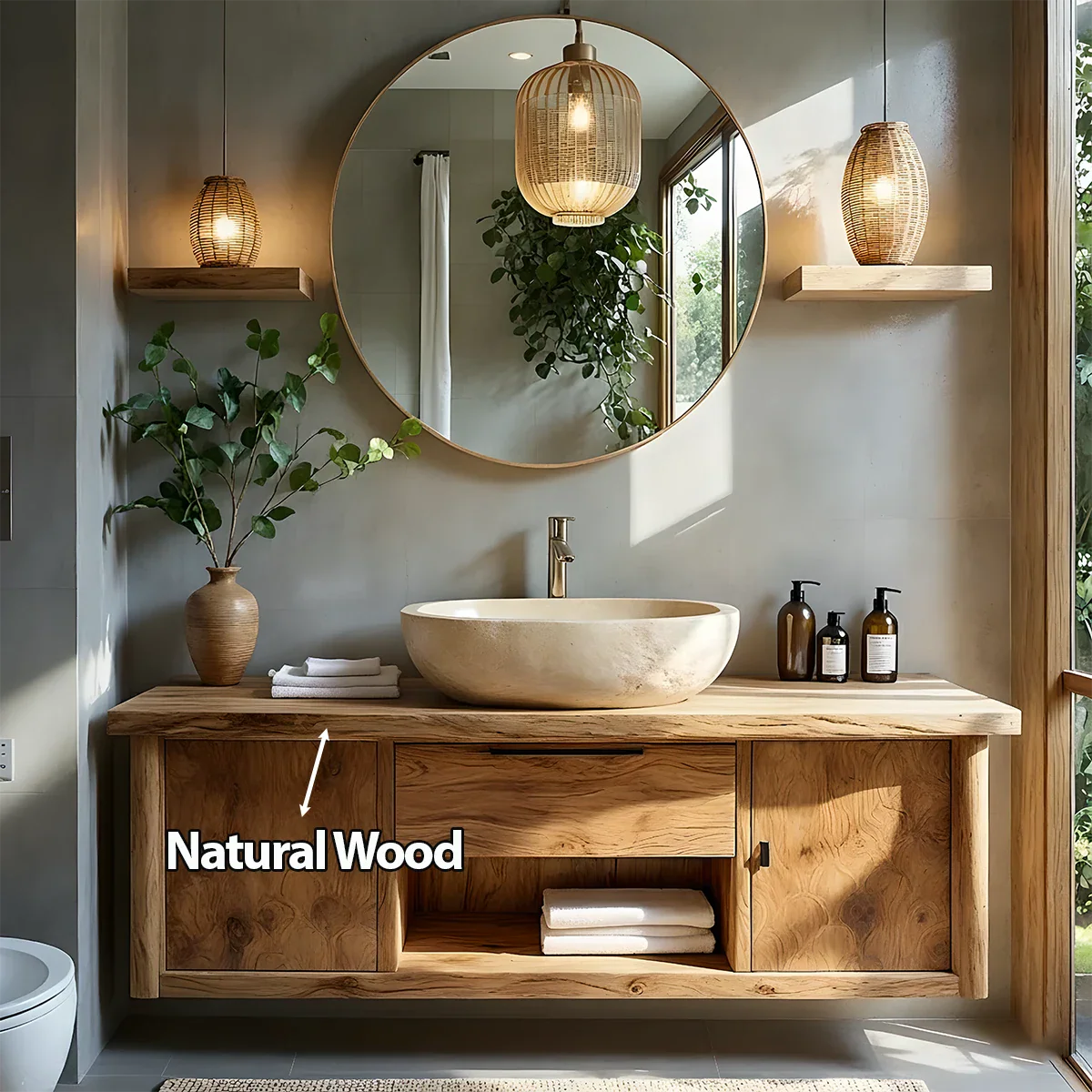 Zenwood Bathroom Vanity – Natural Solid Wood Japandi Cabinet - Rustira