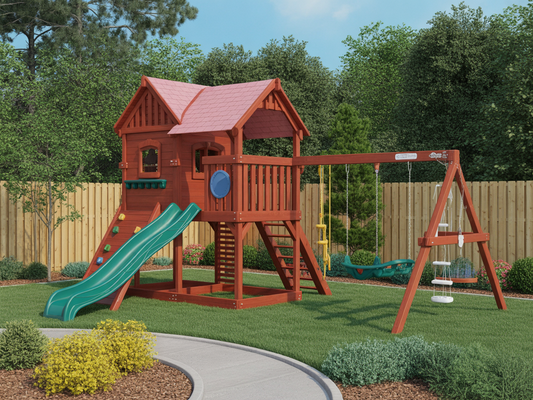 Wooden Playhouse with Slide & Swings | 12x12x9 ft Outdoor Backyard Playground for Kids