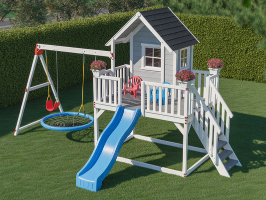 Wooden Playhouse with Slide & Nest Swing | 22x12x9 ft Backyard Playground for Kids