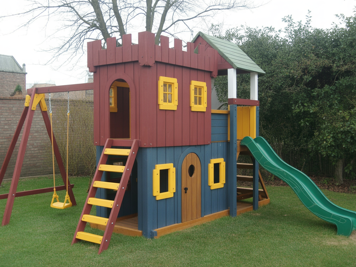 Wooden Castle Playhouse with Slide & Swings | Durable Outdoor Playground Tower for Kids Adventure