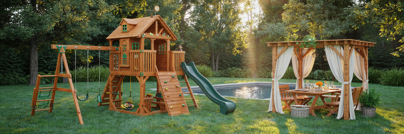 Wooden playset with swings and slides in a backyard setting with a pool and outdoor furniture.
1621243260e1af0c20-0